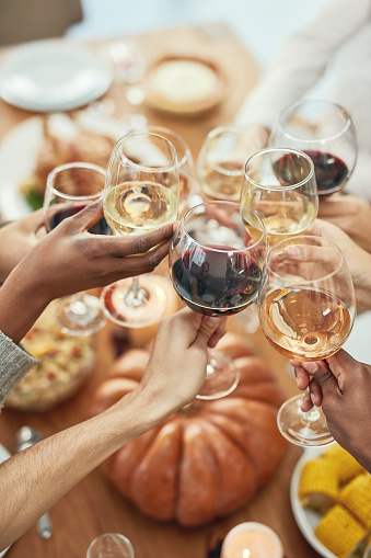Cropped shot of a group of people making a toast at a dining table